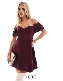 Forever New Petite Off Shoulder Structured Mini Dress In Oxblood For Women -Layered Dress 207308868 1 oxblood 1