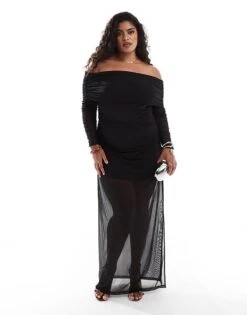 Forever New Curve Off Shoulder Ruched Maxi Dress In Black For Women -Layered Dress 207311101 3