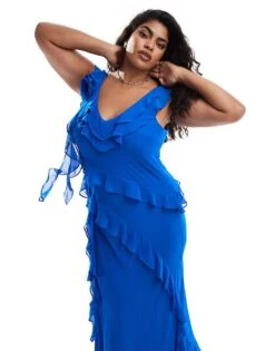 Forever New Curve Asymmetric Ruffle Midaxi Dress In Cobalt For Women