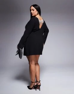 Forever New Curve Long Sleeve Embellished Back Mini Dress In Black For Women -Layered Dress 207311131 4