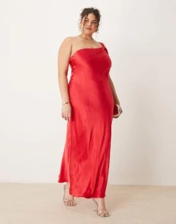 Forever New Curve Off Shoulder Satin Midaxi Dress In Red For Women