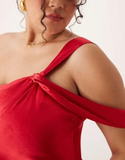 Forever New Curve Off Shoulder Satin Midaxi Dress In Red For Women -Layered Dress 207311138 4