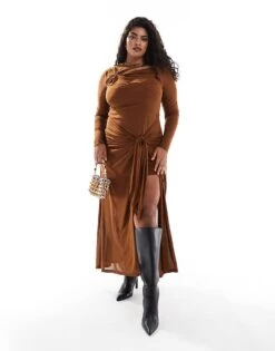 Forever New Curve Long Sleeve Drape Maxi Dress In Brown For Women
