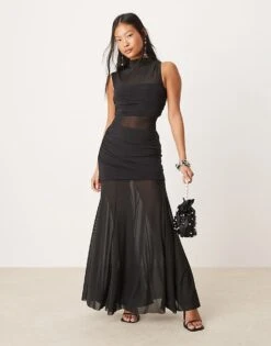 Forever New Petite Sheer Asymmetric Sleeve Maxi Dress In Black For Women