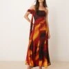 Forever New Drop Waist Tie Sleeve Maxi Dress In Brown Abstract For Women -Layered Dress 207438871 1 brownabstract