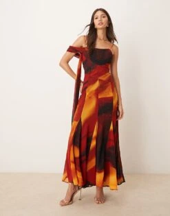 Forever New Drop Waist Tie Sleeve Maxi Dress In Brown Abstract For Women