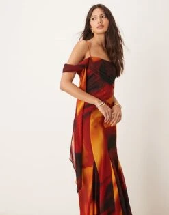 Forever New Drop Waist Tie Sleeve Maxi Dress In Brown Abstract For Women -Layered Dress 207438871 3