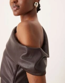 Forever New Off Shoulder PU Mini Dress In Chocolate For Women -Layered Dress 207438919 3