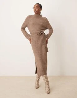 Forever New Tie Waist Knitted Midi Dress In Hazelnut For Women