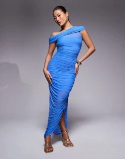Forever New Petite Mesh Ruched Asymmetrical Midaxi Dress In Deep Blue For Women