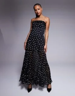 Forever New Petite Pleated Sheer Midaxi Dress In Black Polka Dot For Women -Layered Dress 207709594 1 black 1