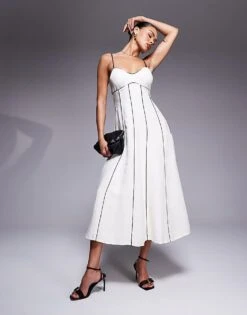 Forever New Contrast Piping Linen Midi Dress In Cream And Chocolate For Women Ivory -Layered Dress 207822869 1 ivory 1