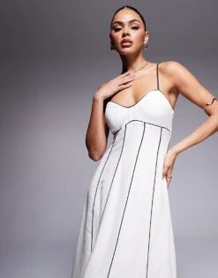 Forever New Contrast Piping Linen Midi Dress In Cream And Chocolate For Women Ivory -Layered Dress 207822869 3