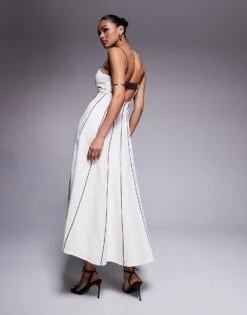 Forever New Contrast Piping Linen Midi Dress In Cream And Chocolate For Women Ivory -Layered Dress 207822869 4