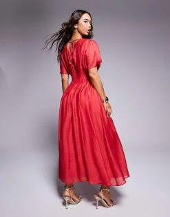 Forever New Puff Sleeve Maxi Dress In Red For Women -Layered Dress 207822941 4