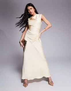 Forever New High Neck Satin Maxi Dress In Lemon For Women