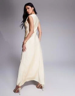 Forever New High Neck Satin Maxi Dress In Lemon For Women -Layered Dress 207823054 4