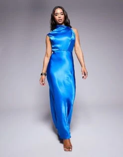Forever New High Neck Satin Maxi Dress In Blue For Women