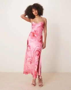 Forever New Oversized Rose Print Satin Slip Maxi Dress In Bright Pink For Women Pink Rose Print