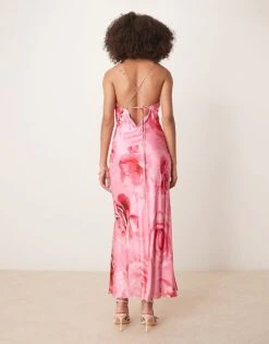 Forever New Oversized Rose Print Satin Slip Maxi Dress In Bright Pink For Women Pink Rose Print -Layered Dress 207823085 4