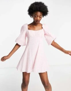Forever New Oversized Sleeve Ruched Smock Mini Dress In Baby Pink Gingham For Women -Layered Dress 23687617 4