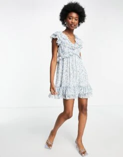 Forever New Frill Shoulder Tiered Mini Dress In Green Ditsy Print For Women Heather Ditsy