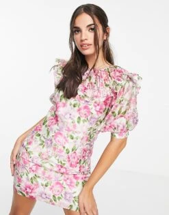 Forever New Oversized Collar Mini Dress With Volume Sleeve In Fuchsia Bloom For Women -Layered Dress 23930947 3